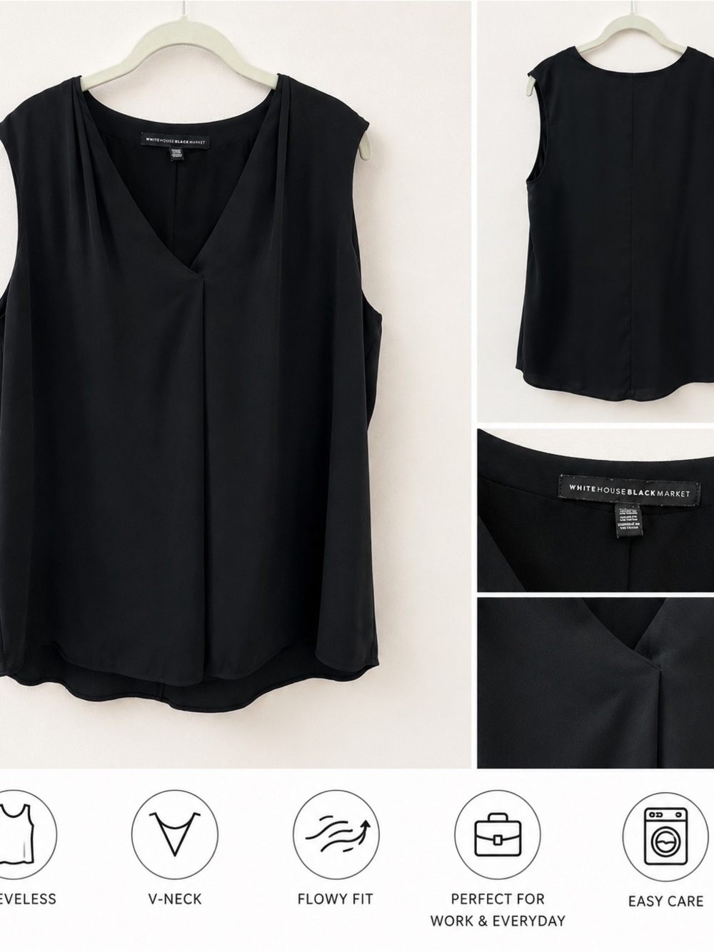 White House Black Market Women’s Black Sleeveless V-Neck Blouse Top – Size 14